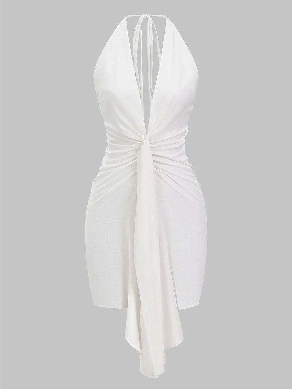 194. Micas White Linen Halter Tie-Front Mini Dress